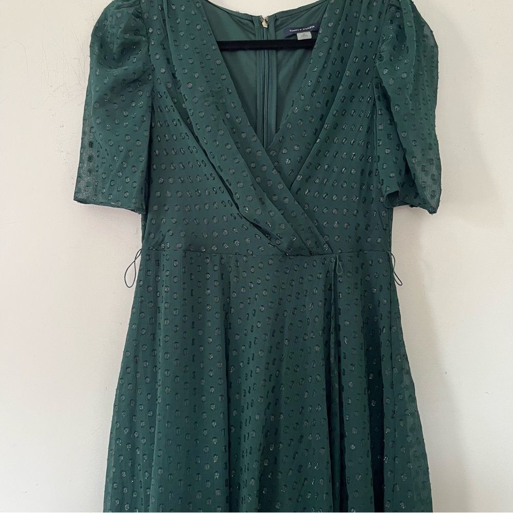Tommy Hilfiger Emerald Green Faux Wrap Midi Dress Puff Sleeve Glitter Dot - Picture 16 of 16